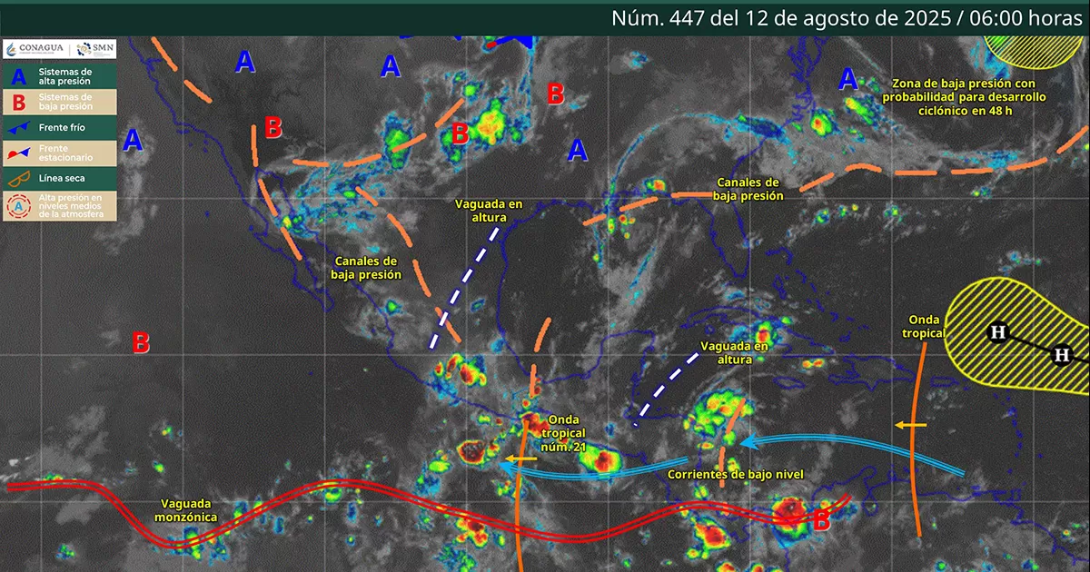 En Coahuila y Baja California Sur se pronostican chubascos, mientras que en Baja California habrá lluvias aisladas.