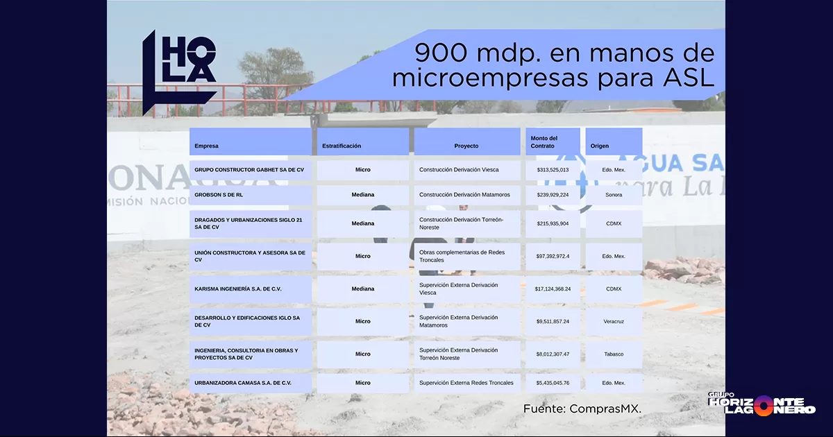 A pesar de su reducido tamaño, estas cinco microempresas fueron contratadas para realizar obras y supervisión de proyectos de gran envergadura. Por ejemplo, Grupo Constructor Gabhet SA de CV fue contratada vía Licitación Pública para la “Construcción de red troncal Coahuila del proyecto Agua Saludable para La Laguna, derivación Viesca” por el monto más alto de todos los contratos: $313,525,013.00 . El resto de las microempresas también fueron asignadas a proyectos millonarios.