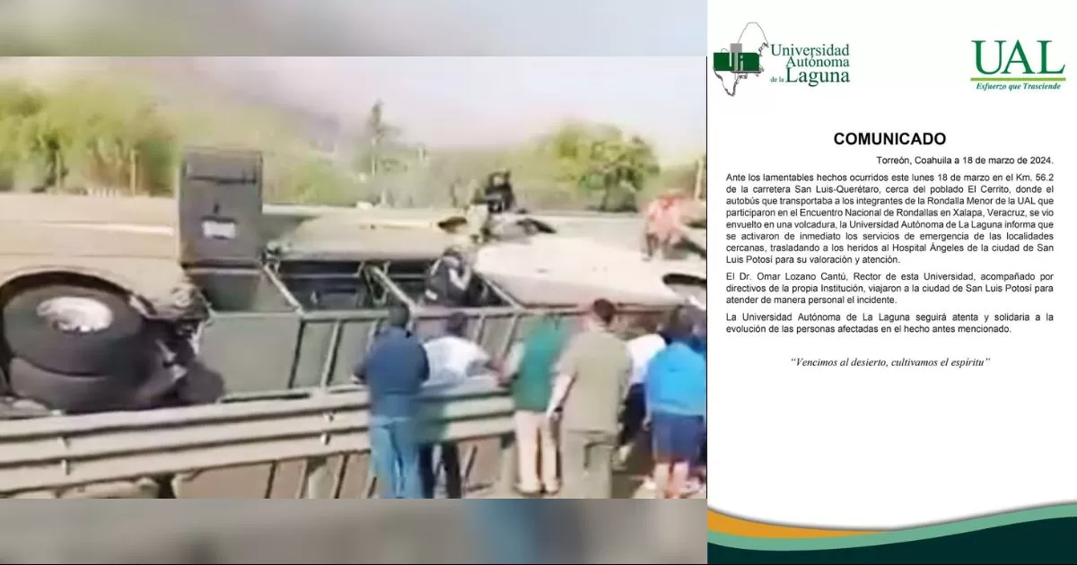 Volcadura de un camión de pasajeros en la carretera 57 a Querétaro, en el estado de San Luis Potosí, transportaba a estudiantes de la Rondalla Menor de la Universidad Autónoma de la Laguna (UAL).