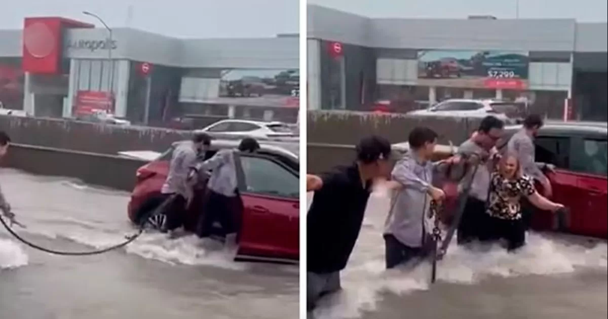 VIDEO: Trabajadores de agencia rescatan a mujer varada en Monterrey por inundación