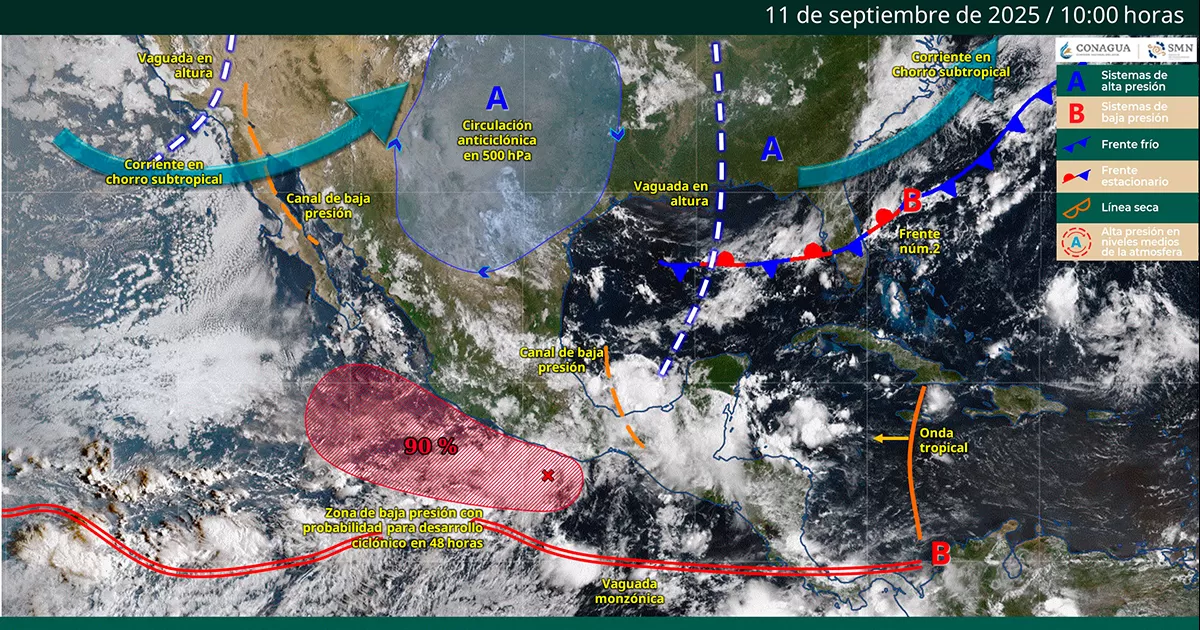 Frente frío 2 y la masa de aire que lo impulsa, dan paso a lluvias y viento fuertes