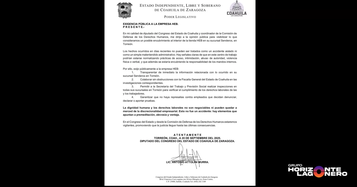 Pidió que la empresa colabore de forma activa, además de que las autoridades lleguen al fondo del caso cuanto antes.