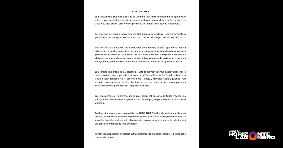 La dependencia señaló que es prioridad proteger a cada persona trabajadora de cualquier comportamiento o práctica inaceptable que pueda ocasionar daño físico, psicológico, sexual o económico