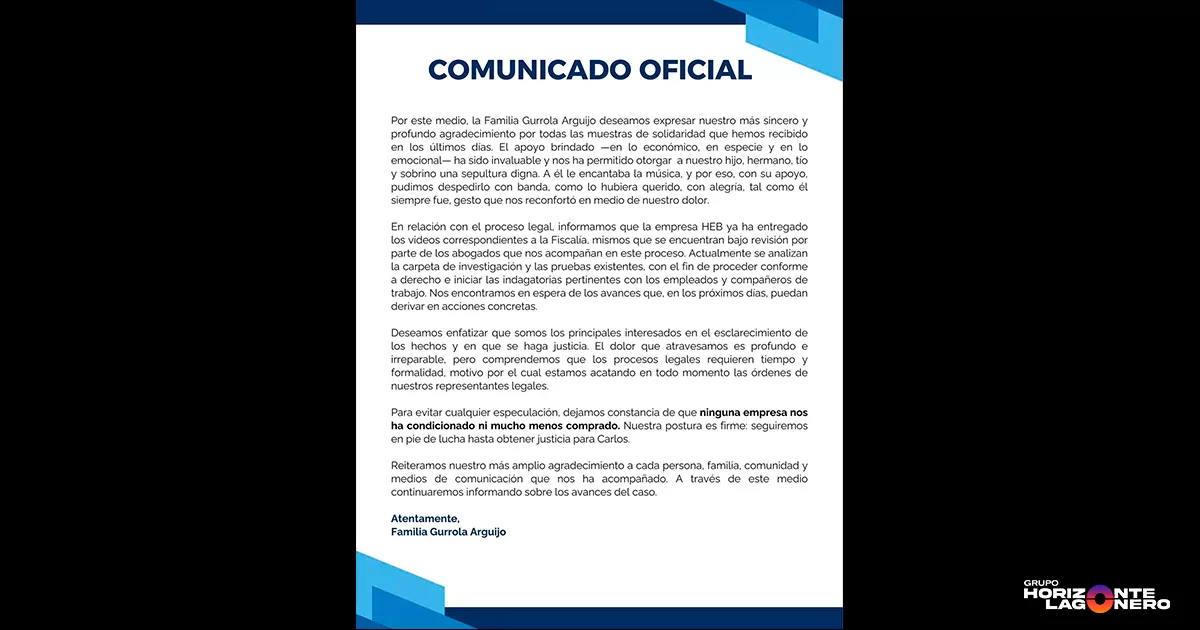 En el mensaje, la familia destacó que el respaldo brindado económico, en especie y en lo emocional ha sido invaluable, permitiéndoles despedir a su ser querido con una sepultura digna, tal como él hubiera deseado.