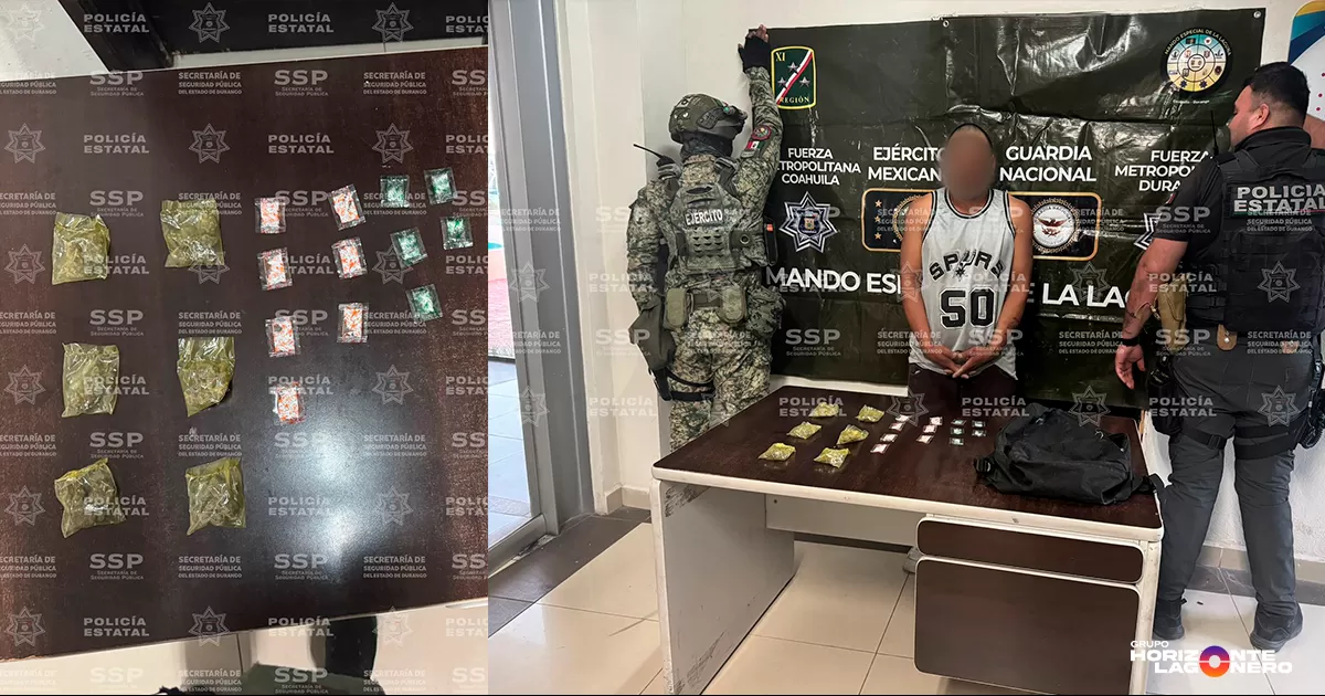 Policía Estatal y Ejército Mexicano aseguran a sujeto con marihuana, cristal y cocaína en Gómez Palacio