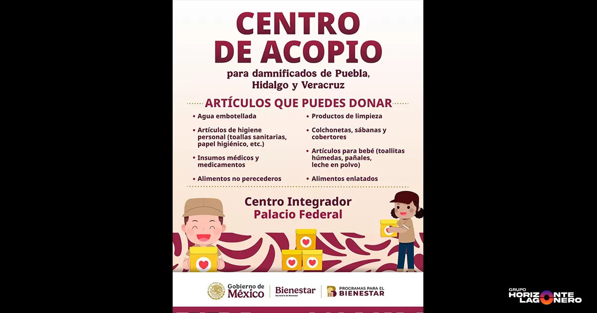 La dependencia hace un llamado solidario a la población lagunera para donar artículos de primera necesidad, entre ellos agua embotellada, productos de higiene personal, insumos médicos, medicamentos, alimentos no perecederos y productos de limpieza. También se estarán recibiendo