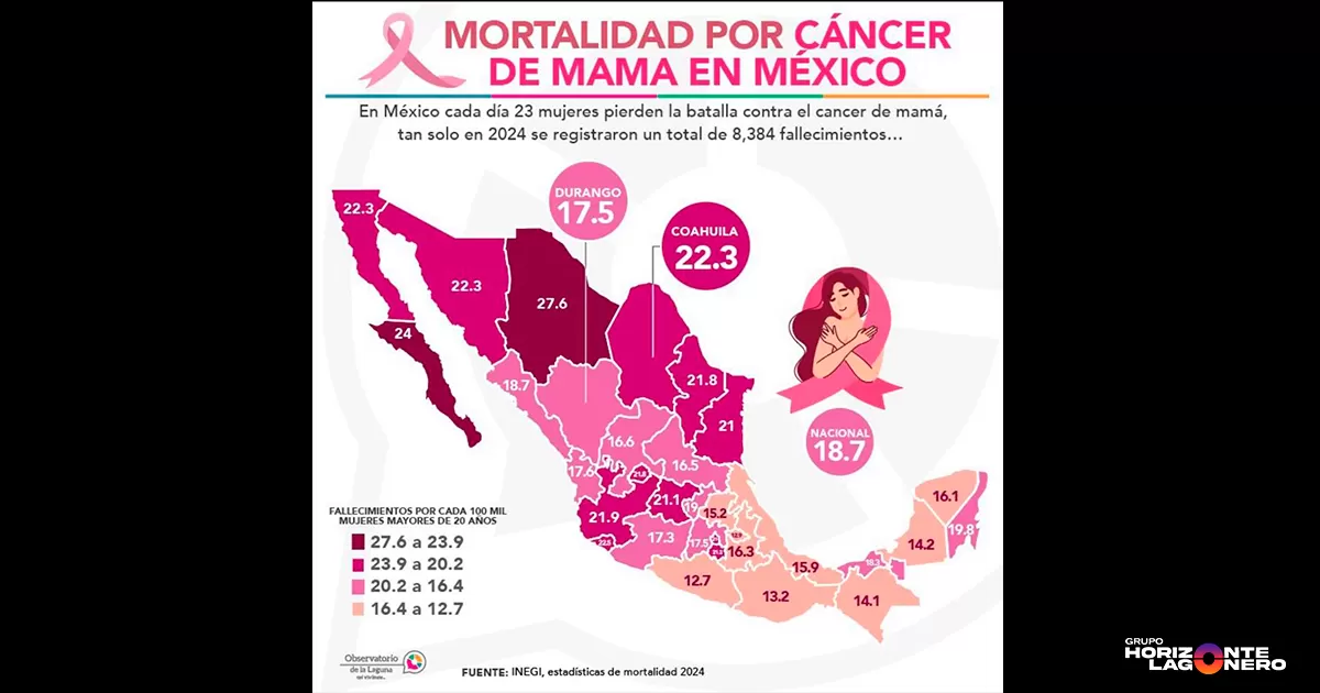Según datos del INEGI y la Secretaría de Salud analizados por el Observatorio de La Laguna, en México cada día 23 mujeres pierden la batalla contra el cáncer de mama, sumando un total de 8,384 fallecimientos registrados tan solo en 2024.