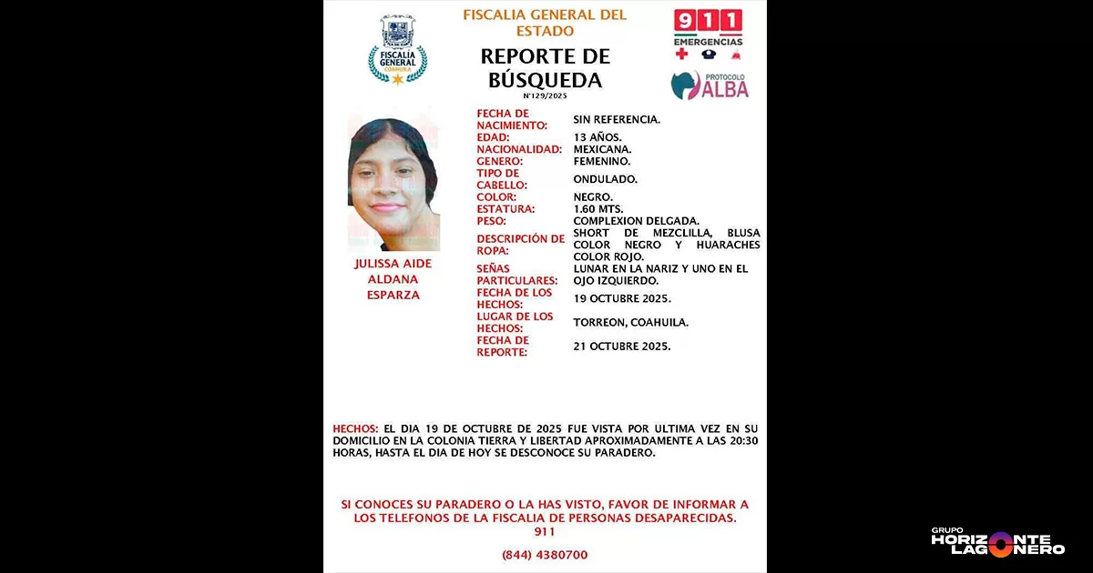Solicitan apoyo para localizar a adolescente desaparecida en Torreón