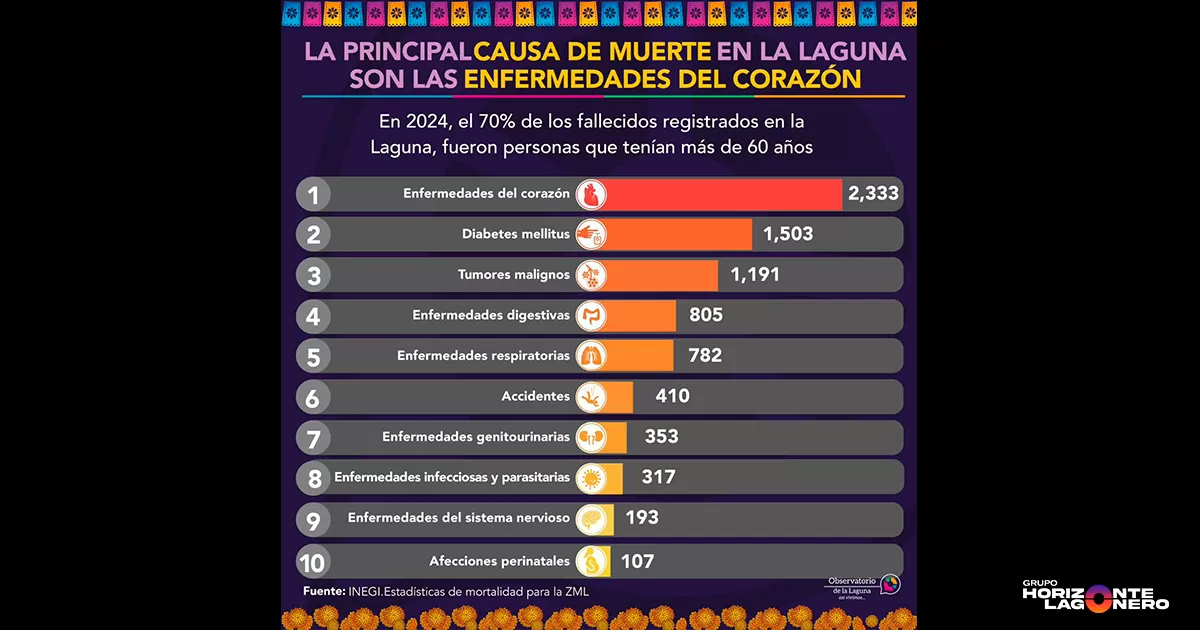 En 2024, la ZML registró un total de 8,436 decesos por diversas causas, una cifra que se traduce en un promedio de 23 personas que pierden la vida diariamente. Las estadísticas revelan un impacto significativo en la población de la tercera edad, ya que el 70% de los fallecidos durante este periodo tenían más de 60 años. En cuanto al género, el 53% de las muertes correspondieron a hombres y el 47% a mujeres.