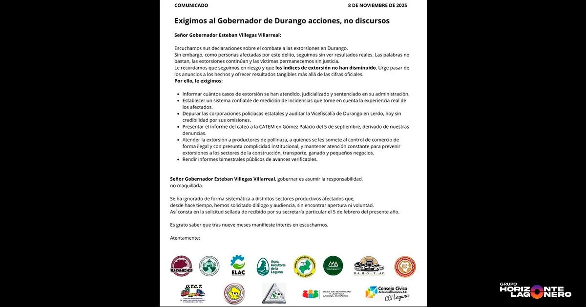 "Acciones, no discursos": Exigen empresarios de La Laguna al gobernador Esteban Villegas