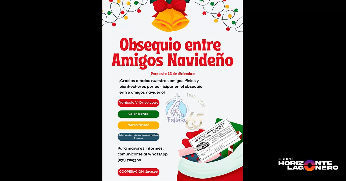 Como parte de esta iniciativa, los participantes tendrán la oportunidad de ganar un vehículo Nissan V-Drive 2025, color blanco, mismo que será sorteado entre quienes adquieran un boleto de cooperación.