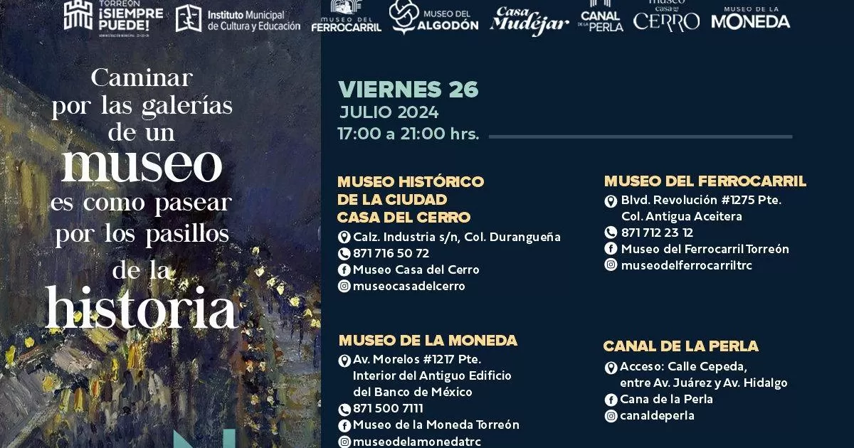 Será a partir de las 17:00 hasta las 21:00 horas que se podrán disfrutar de caminatas por las galerías de 6 distintos museos que se encuentran en la ciudad, además de algunas presentaciones de libros.