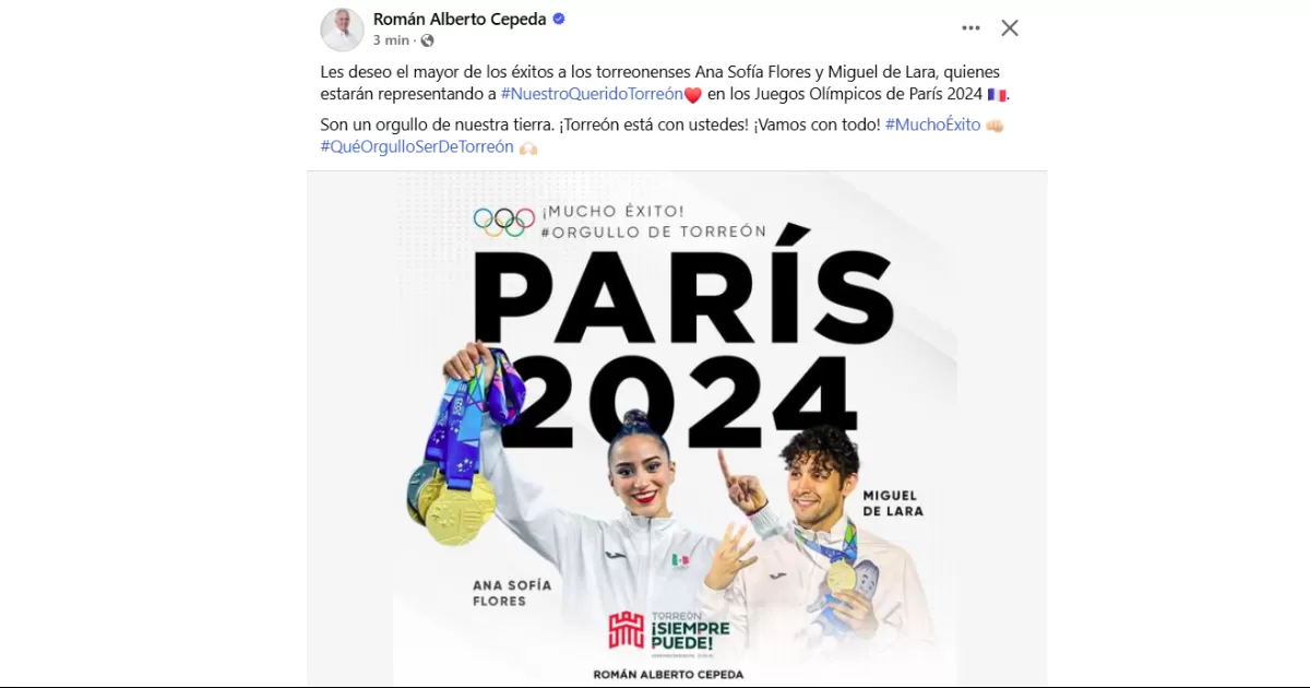 Fue durante esta tarde que el mandatario local compartió el mensaje en sus cuentas de Facebook, X e Instagram, deseando el mayor de los éxitos a los deportistas olímpicos que son originarios de la ciudad de Torreón.