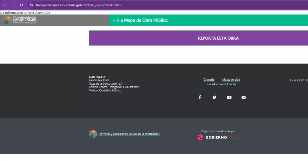 La información financiera detallada del proyecto Agua Saludable para la Laguna que hasta hace poco se encontraba disponible en el Portal de Transparencia Presupuestaria de la Secretaría de Hacienda y Crédito Público ha sido eliminada.