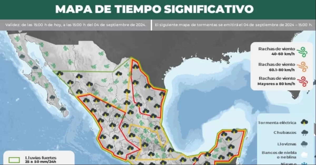 De acuerdo con el pronóstico del Servicio Meteorológico Nacional, se esperan lluvias muy fuertes con acumulaciones puntuales de hasta 150 mm.