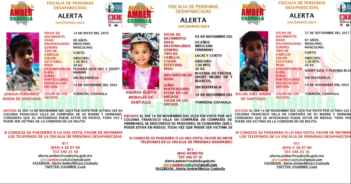 Los tres, fueron vistos por última vez el día 14 de noviembre del 2024 fue visto por última vez en la colonia Francisco Villa en compañía de su madre.