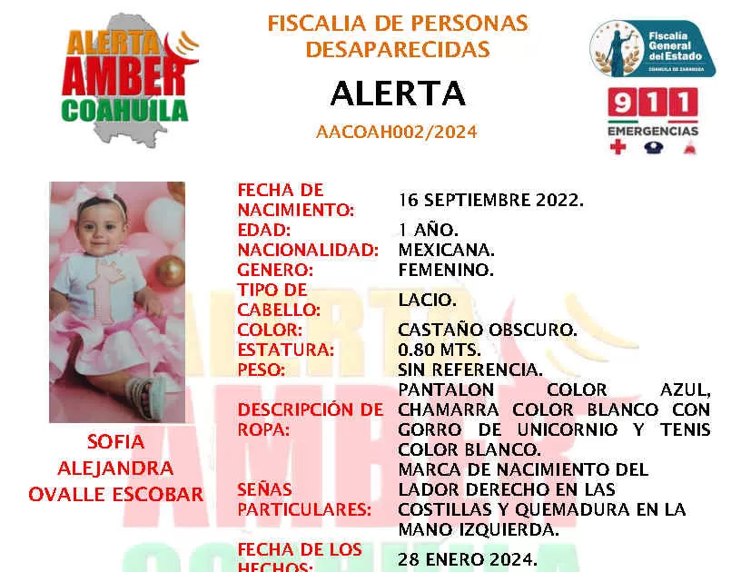 Buscan a bebé de un año desaparecida en Torreón