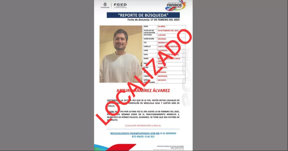 Localizan a Arturo Ramírez Álvarez, hombre desaparecido en Gómez Palacio