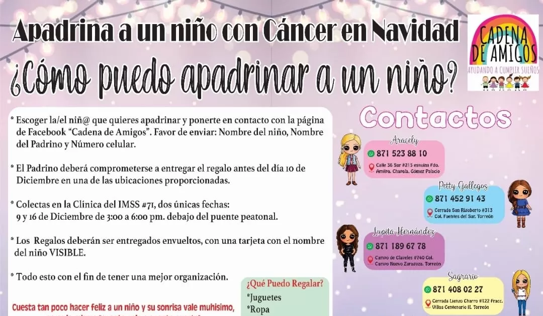 El coelctivo "Cadena de amigos" convoca a la sociedad lagunera para recolectar juguetes y entregarlos a niÃ±os y niÃ±as con algÃºn diagnÃ³stico de cÃ¡ncer.