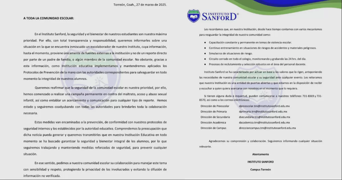 Indignación en Torreón: Exigen justicia tras abuso sexual a pequeña de 3 años en el Instituto Sanford