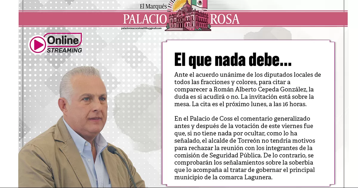 Ante el acuerdo unÃ¡nime de los diputados locales de todos las fracciones y colores, para citar a comparecer a RomÃ¡n Cepeda, la duda es si acudirÃ¡ o no