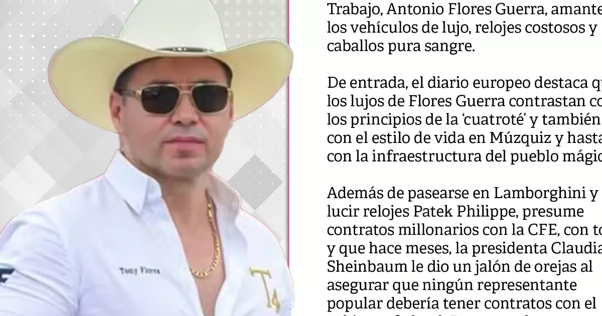Ahora fue el diario El PaÃ­s, de EspaÃ±a, el que se refiriÃ³, en una extensa nota periodÃ­stica, a los lujos y el estilo de vida de Antonio Flores