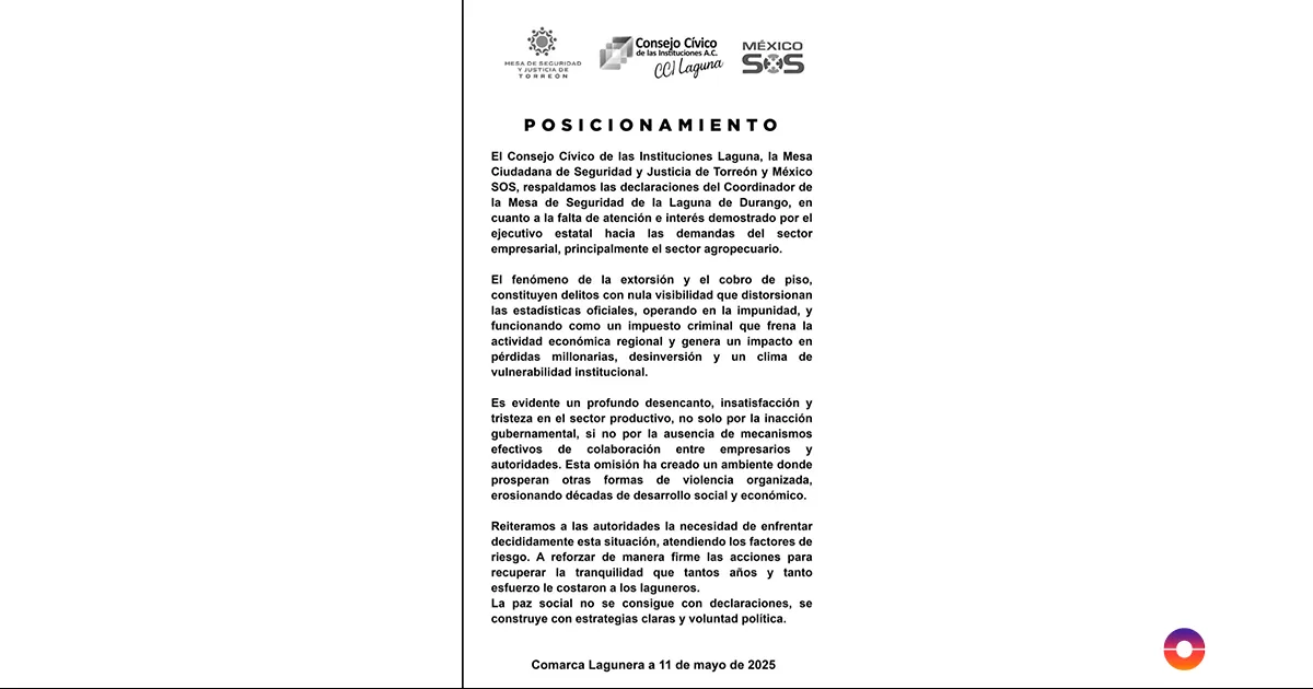 Mediante un comunicado, señalaron que existen afectaciones en el sector agropecuario debido a cobros de piso y extorsiones, lo que incluso ha derivado en una "ola de delitos" que se mantienen en la impunidad.