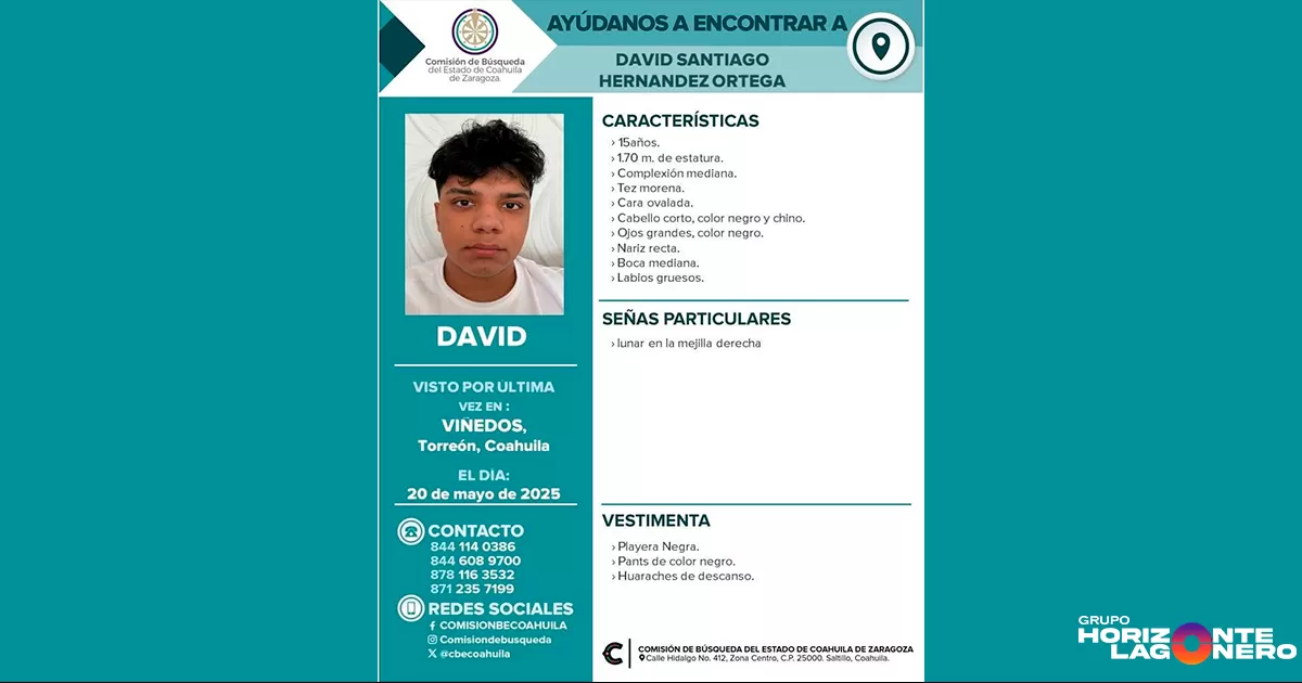 Fue visto por última vez en el fraccionamiento Viñedos, en la ciudad de Torreón, Coahuila.