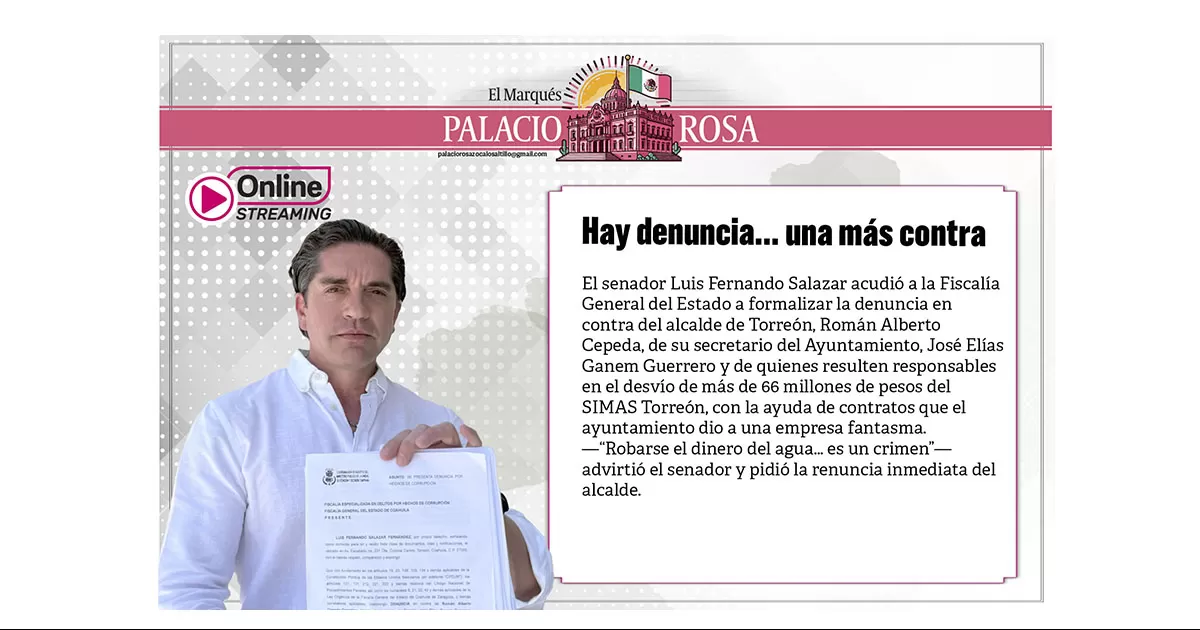 El senador Luis Fernando Salazar acudiÃ³ a la FiscalÃ­a General del Estado a formalizar la denuncia en contra del alcalde de TorreÃ³n