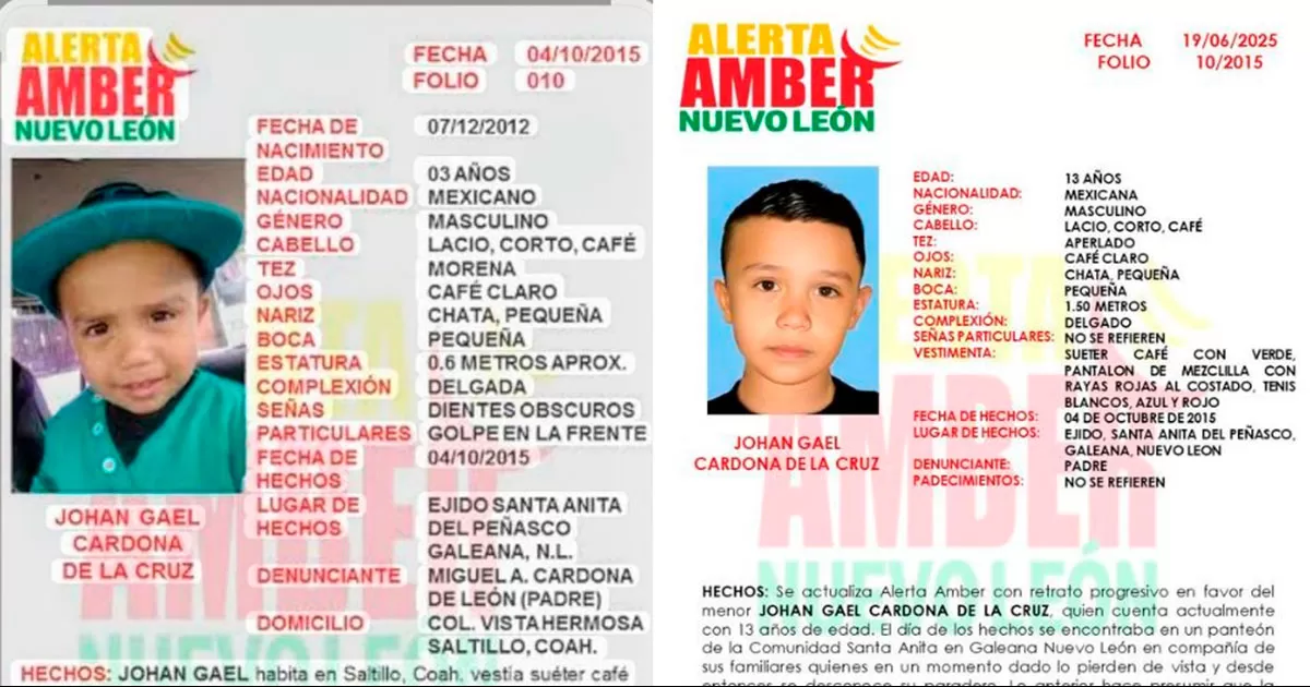 Esta nueva Alerta Amber se emitiÃ³ por la adiciÃ³n de un nuevo retrato progresivo del menor