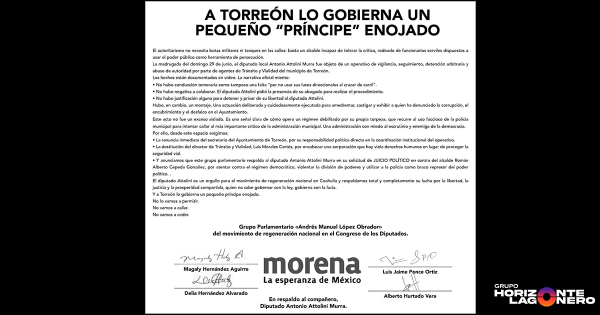 A Torreón lo gobierna un “pequeño príncipe enojado”: Diputados de Morena en Coahuila